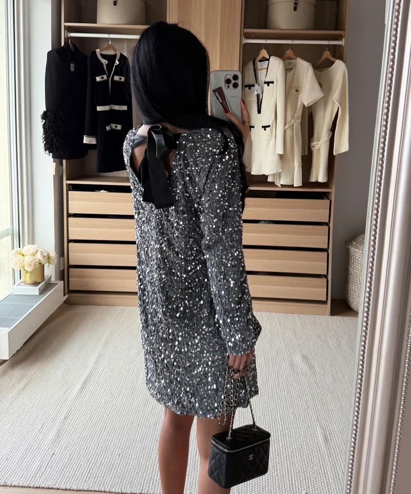 Pailletten Kleid Nessa Schleife Silber