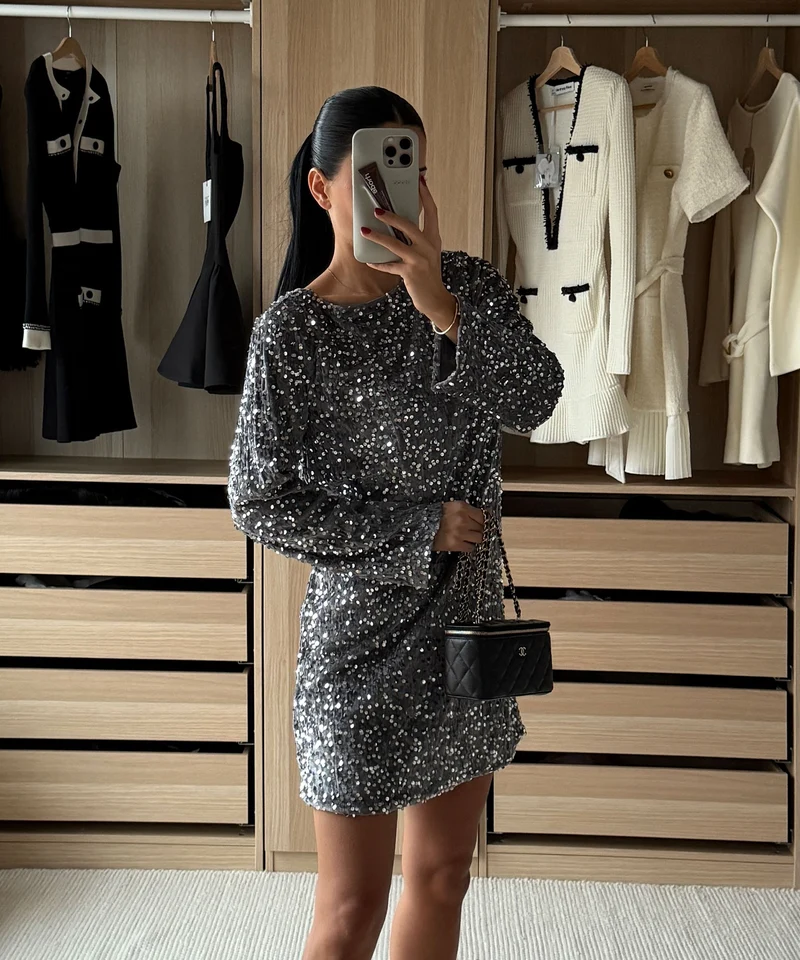 Pailletten Kleid Nessa Schleife Silber