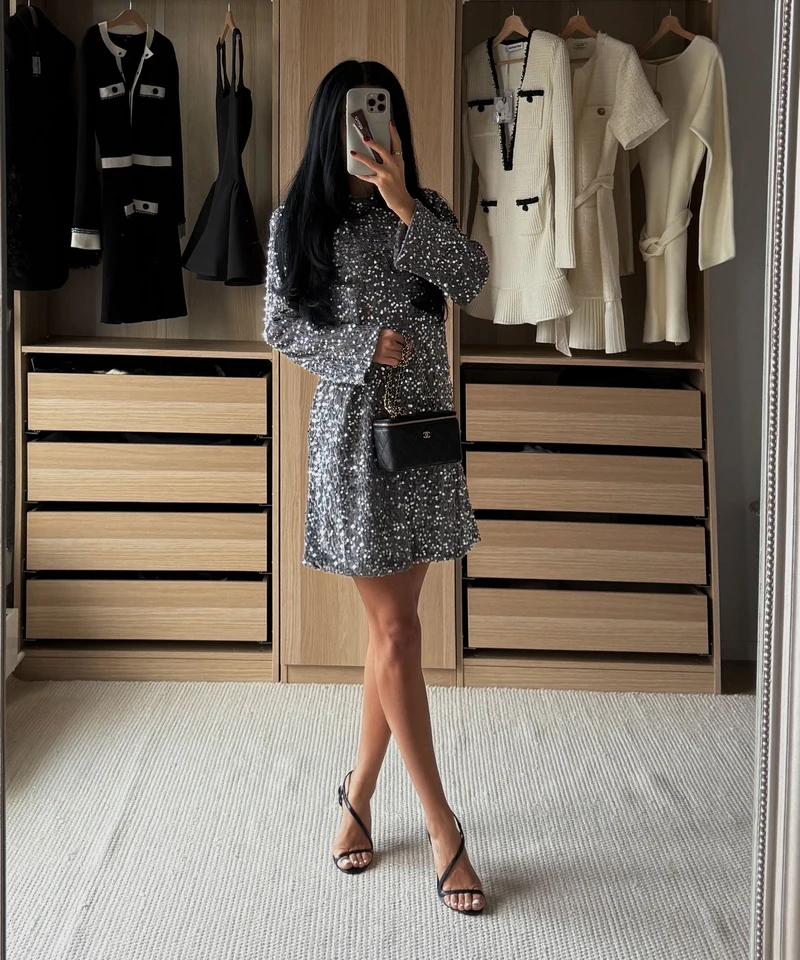 Pailletten Kleid Nessa Schleife Silber