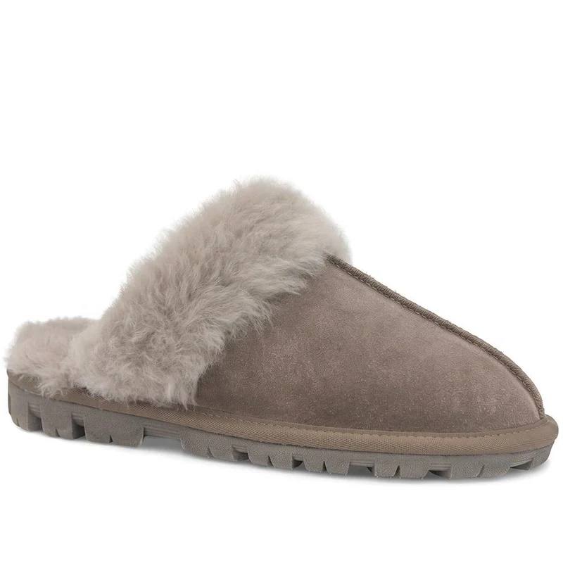 Luxury Leather Mule Slippers W/ Warm Linings - DUO44013 / 329 822 - Taupe