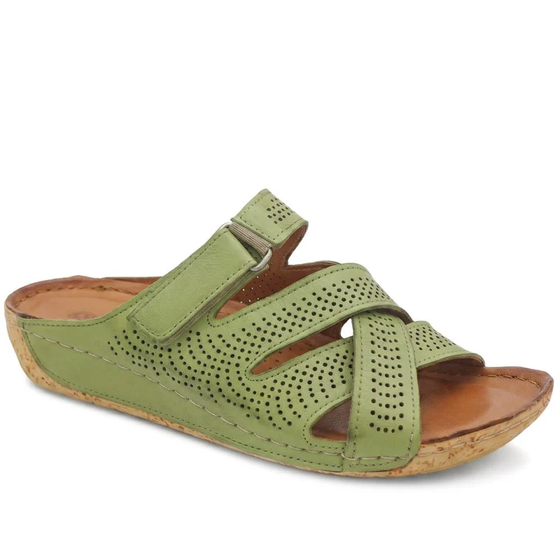 Leather Cut-Out Adjustable Strap Sandals - KARY43004 / 329 118 - Green