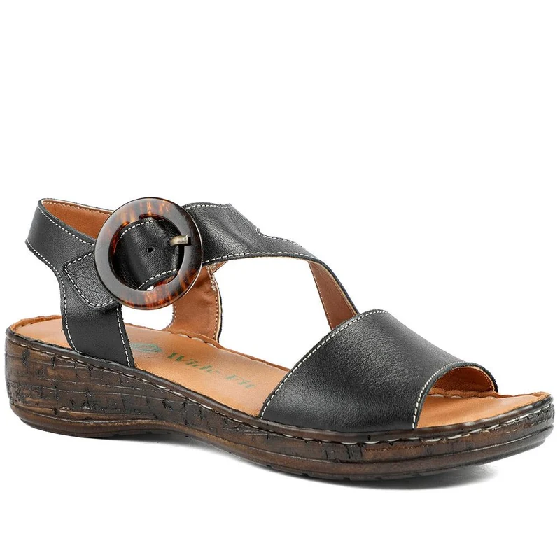 Wide Fit Leather Sandals With Buckle Fastening - LUCK43007 / 329 406 - Black