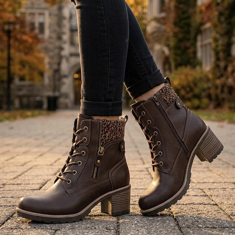 Relife Block Heeled Knitted Cuff Ankle Boots - RELIF44030 / 329 820 - Cognac