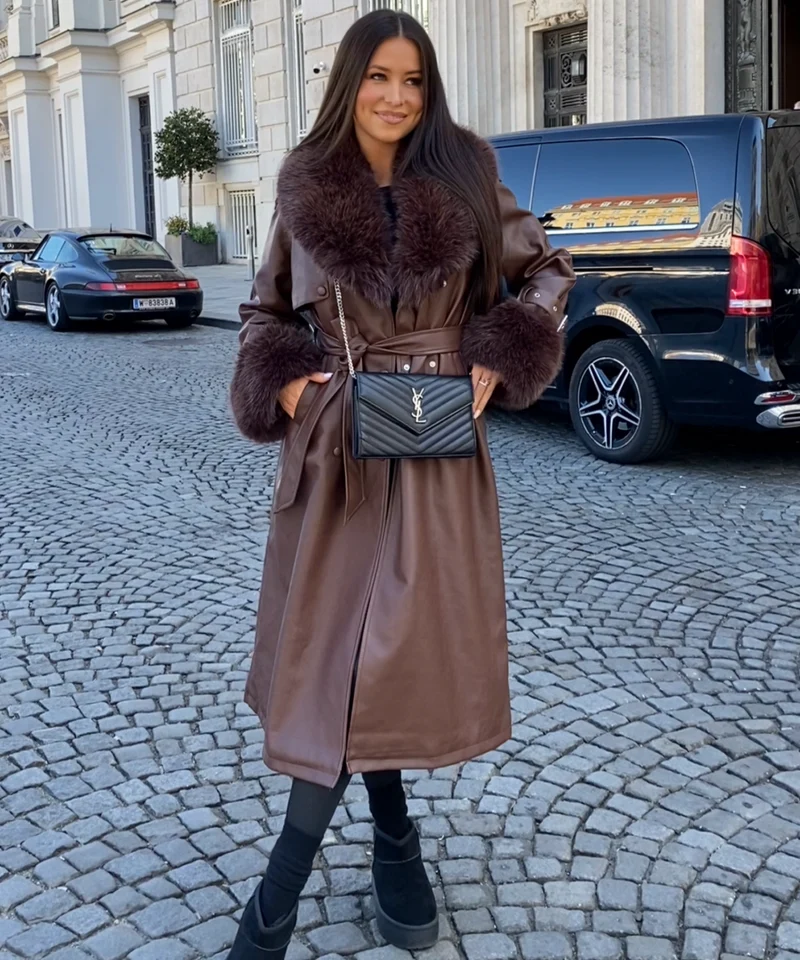 Ledermantel Hillary mit Felldetails Braun
