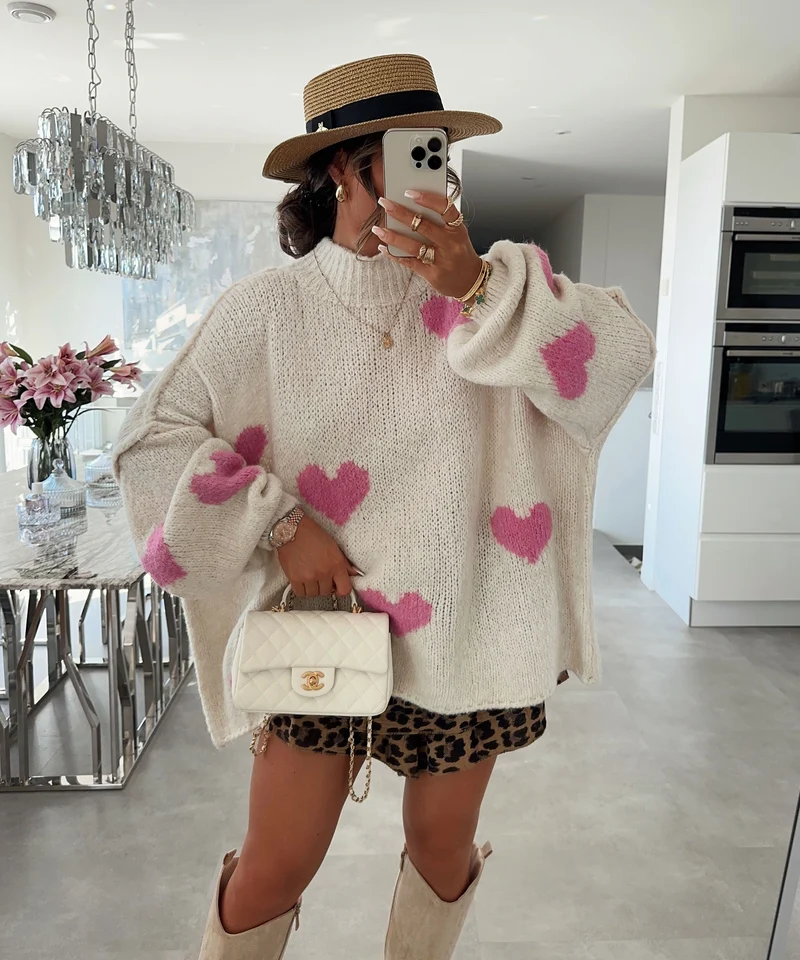 Oversize Pullover Nata Herz Beige Pink
