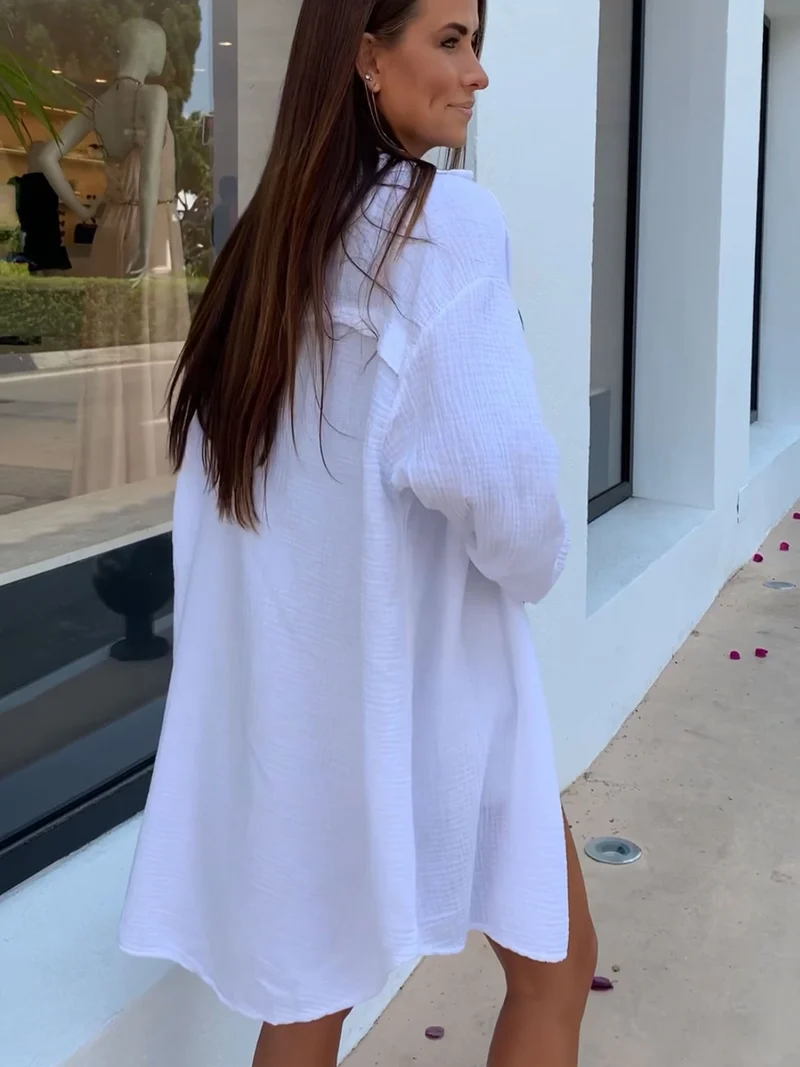 Oversize Musselin Bluse Freya Weiß Lang