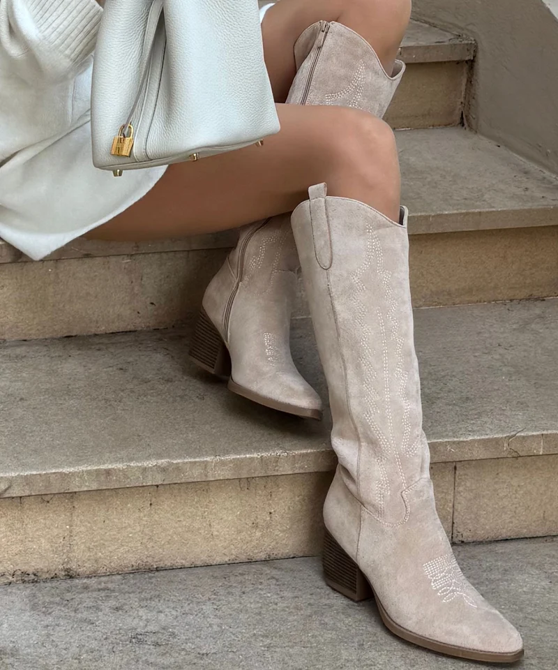 Cowboy Stiefel Selenay Beige Hoch