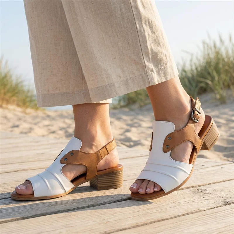 Leather Two Tone Block Heel Sandals - AZURA43007 / 329 125 - White-Tan