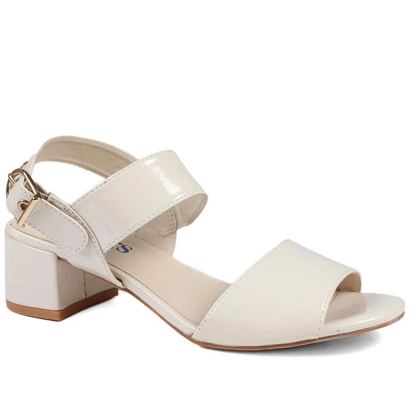 Wide Fit Smart Block Heel Buckle Fasten Sandals - WBINS43030 / 328 973 - Beige Patent