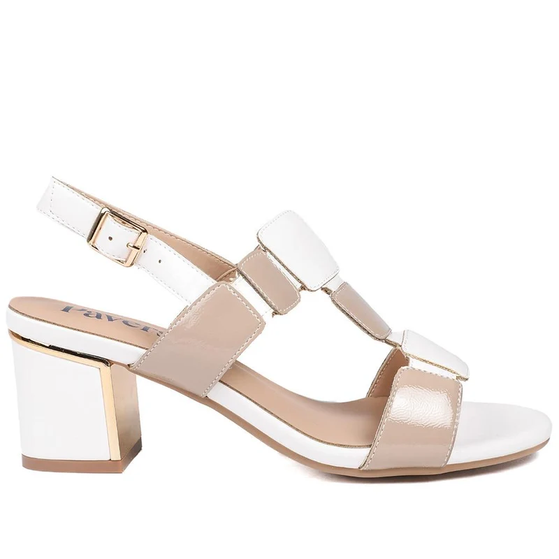 Block Heel Square Design Sandals - WK43007 / 329 114 - Beige Multi