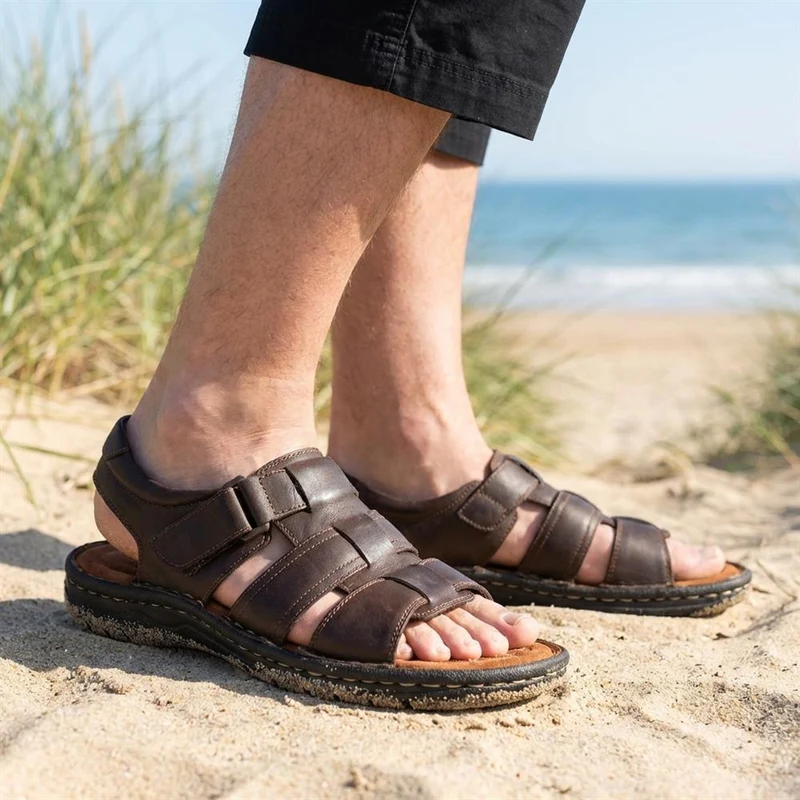 Leather Buckle Fastening Sandals - AATRA43007 / 328 941 - Dark Brown
