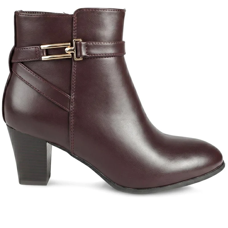 Smart Block Heel Ankle Boots With Buckle Detail - SANYI44002 / 330 000 - Burgundy
