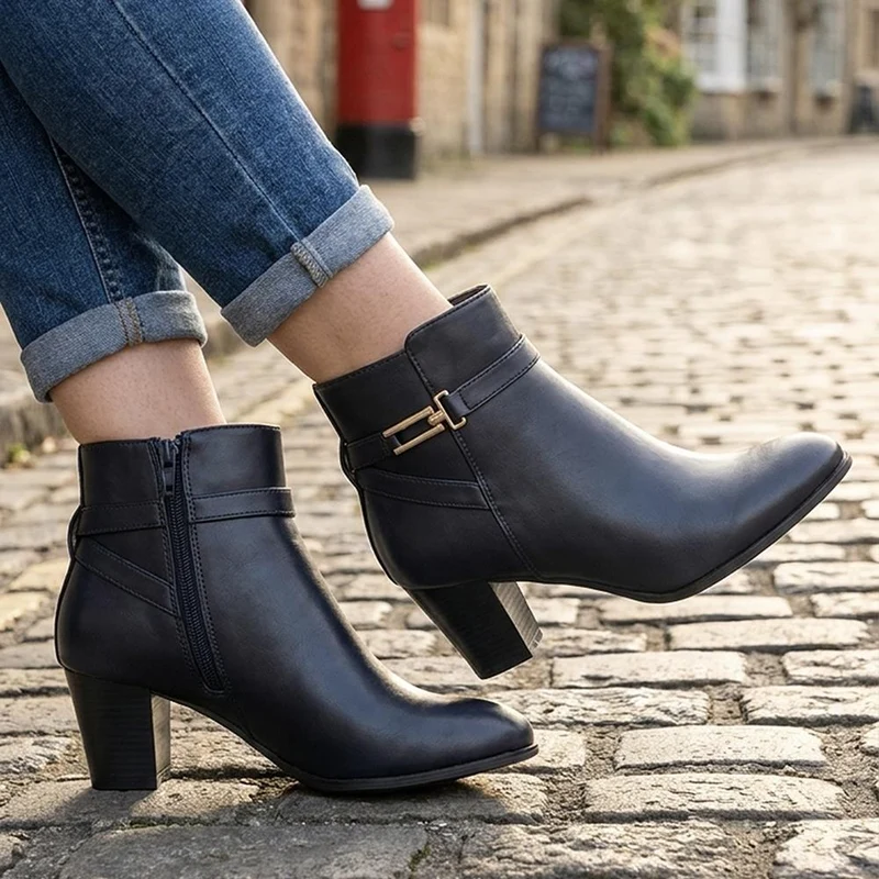Smart Block Heel Ankle Boots With Buckle Detail - SANYI44002 / 330 000 - Navy