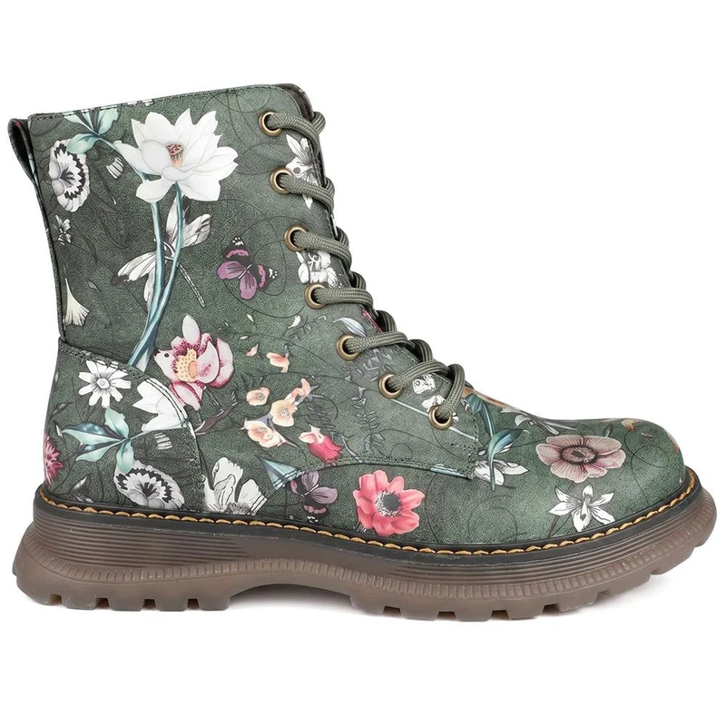 Floral Pattern Lace Up Ankle Boots - LECHE44010 / 329 753 - Green Floral