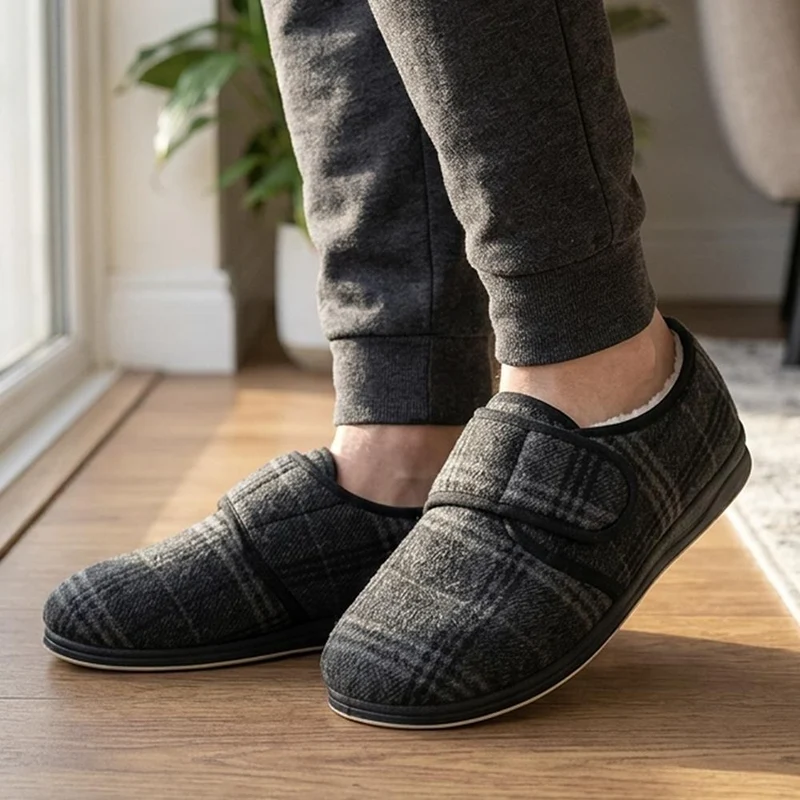 Extra Wide Faux Fur Lined Slippers - AUGUST / 328 471 - Black Check