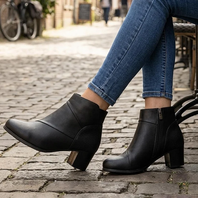 Wide Fit Warm Lined Stacked Heel Ankle Boots - WLIG44004 / 329 747 - Black