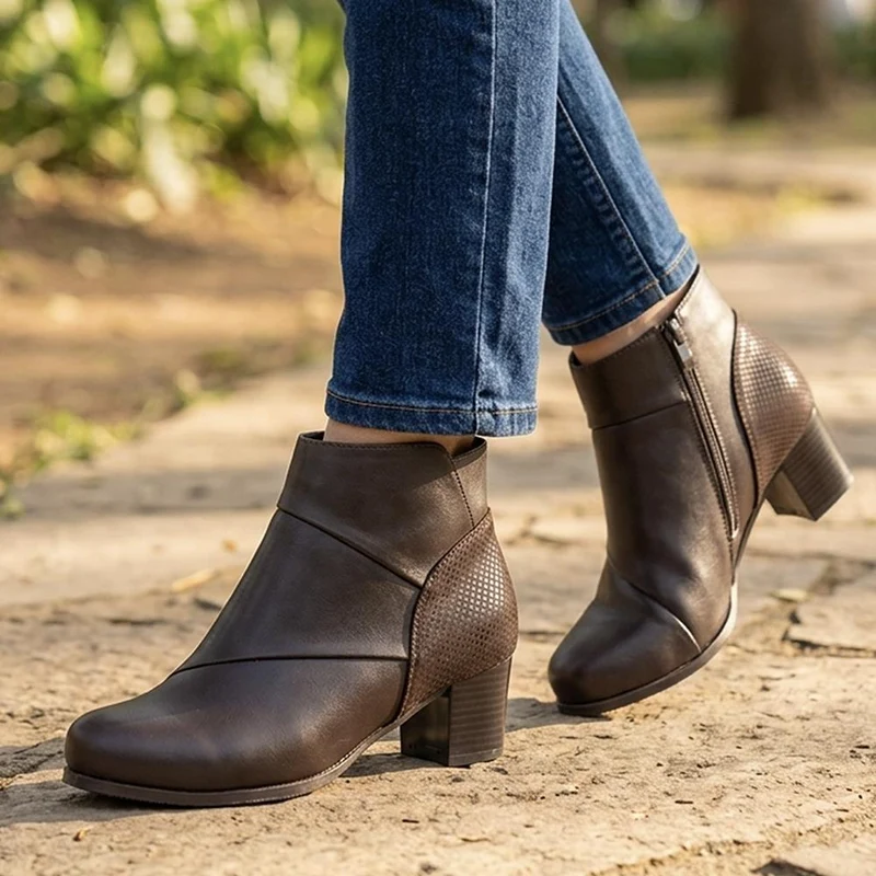 Wide Fit Warm Lined Stacked Heel Ankle Boots - WLIG44004 / 329 747 - Brown