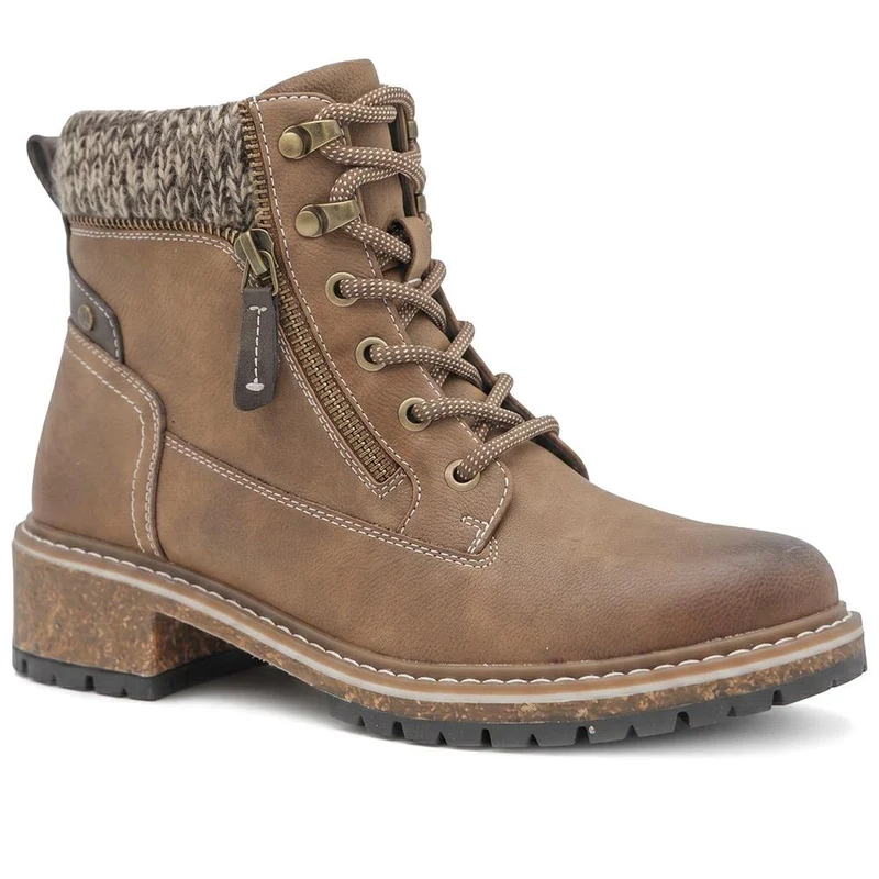 Knitted Cuff Zip Fasten Ankle Boots - LAND44000 / 329 945 - Tan