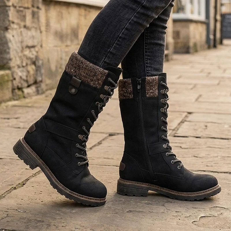 EasyFit Extra Wide Lace Up Knit Cuff Boots - CARISSA / 330 032 - Black