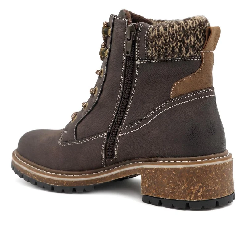 Knitted Cuff Zip Fasten Ankle Boots - LAND44000 / 329 945 - Brown