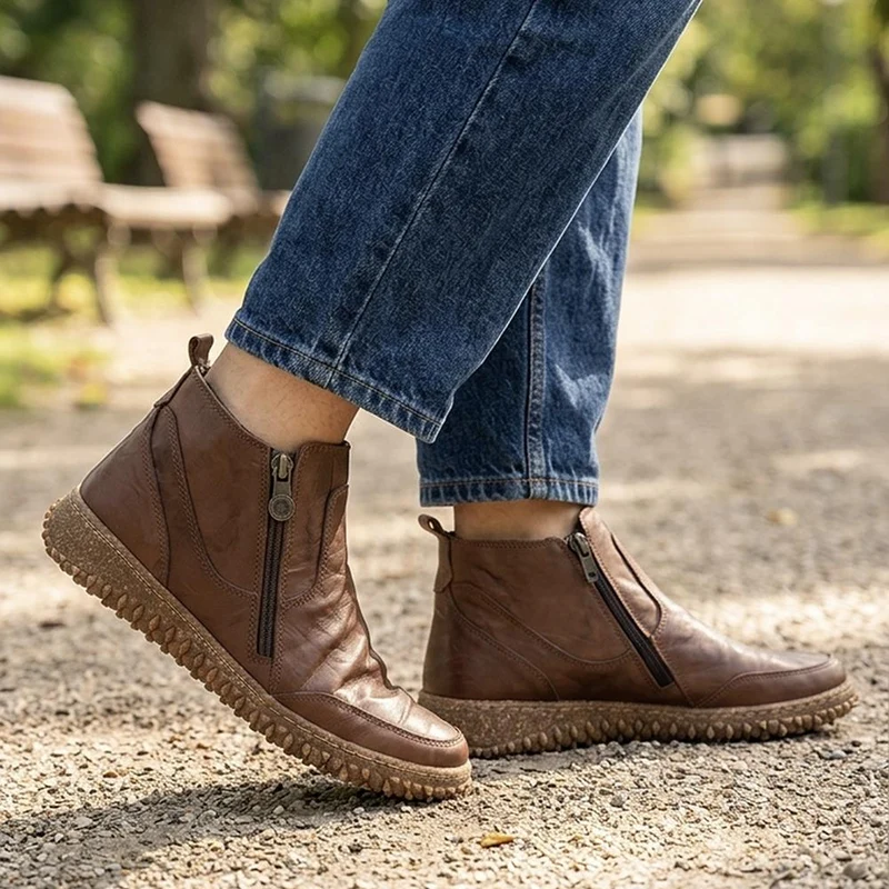 Loretta Leather Zip Fasten Ankle Boots - HAK44001 / 330 092 - Dark Tan
