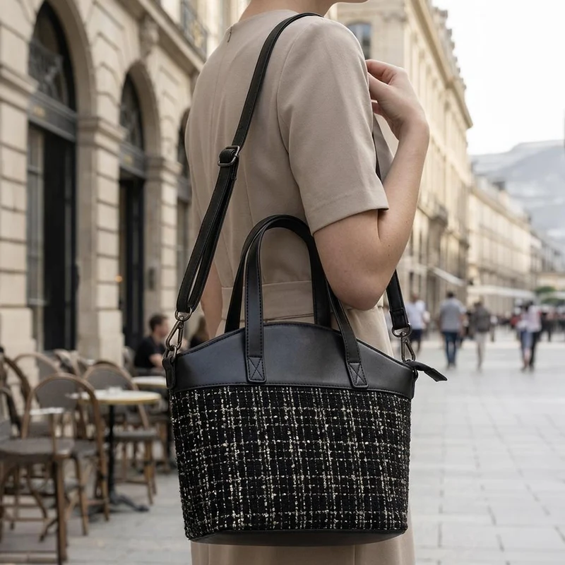 Tartan Pattern Zip Up Handbag - RIM44003 / 329 884 - Black Tweed