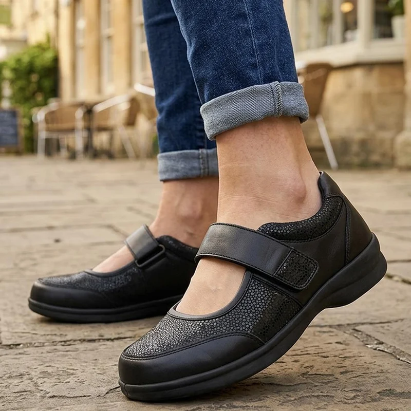 EasyFit Extra Wide Leather Adjustable Mary Janes - ARLEN / 330 252 - Black