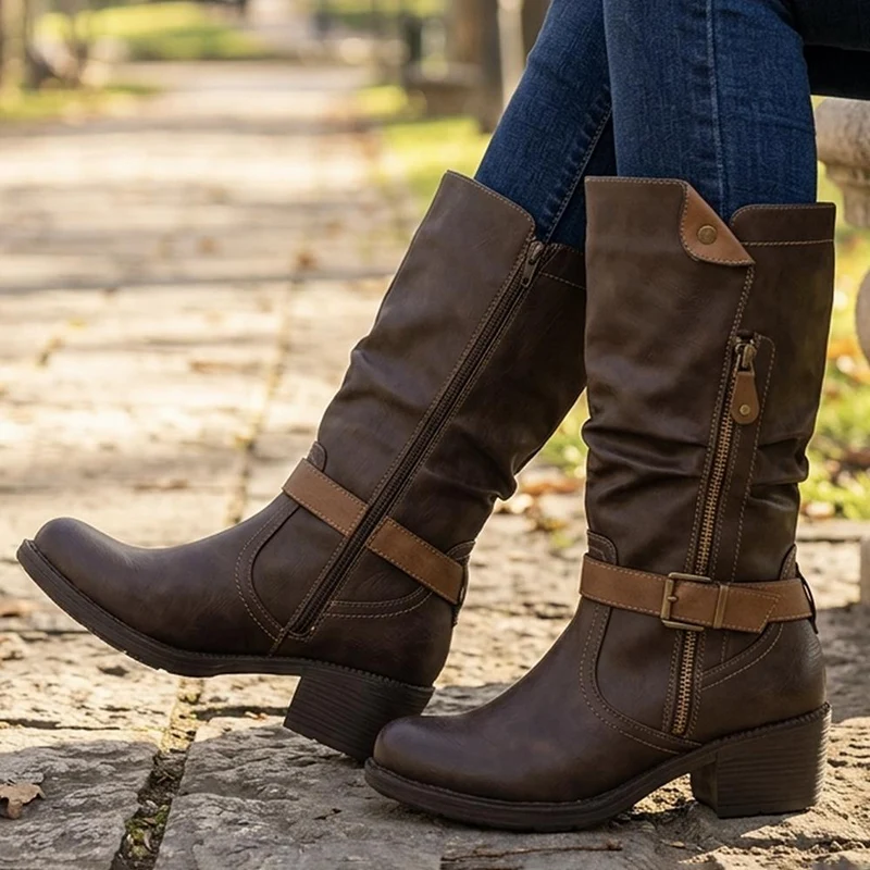 Waterproof Zip & Buckle Heeled Calf Boots - LECHE44015 / 329 803 - Brown
