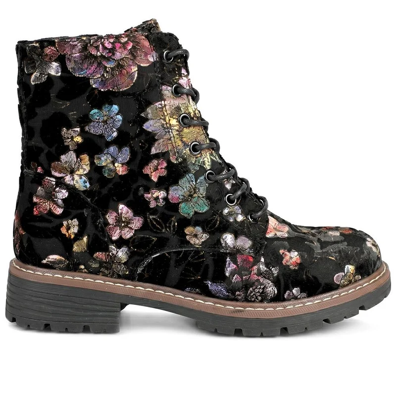 Lace Up Ankle Boots With Warm Lining - WBINS44000 / 329 764 - Black Floral