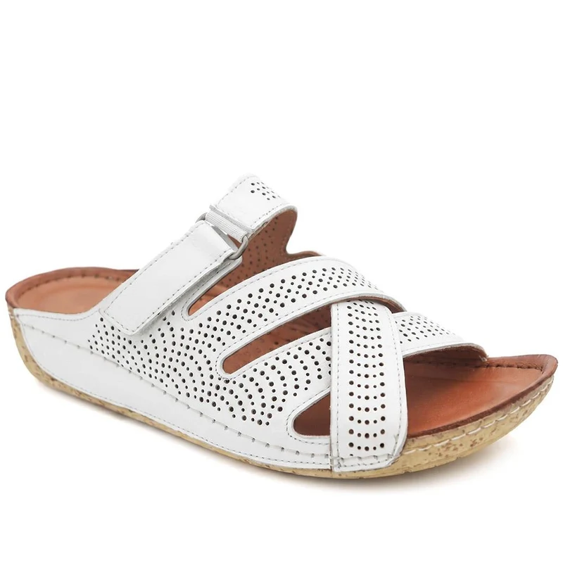 Leather Cut-Out Adjustable Strap Sandals - KARY43004 / 329 118 - White
