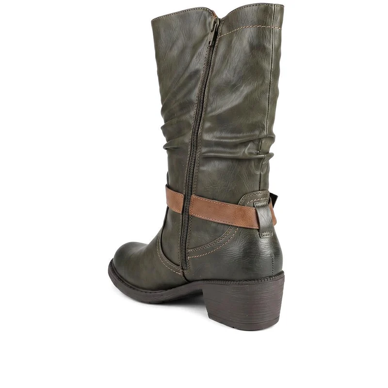 Waterproof Zip & Buckle Heeled Calf Boots - LECHE44015 / 329 803 - Khaki