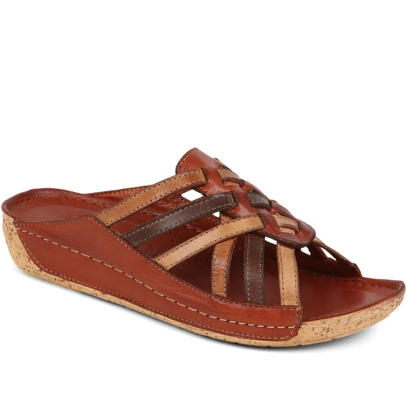 Leather Woven Wedge Mule Sandals - KARY39025 / 325 505 - Tan Multi