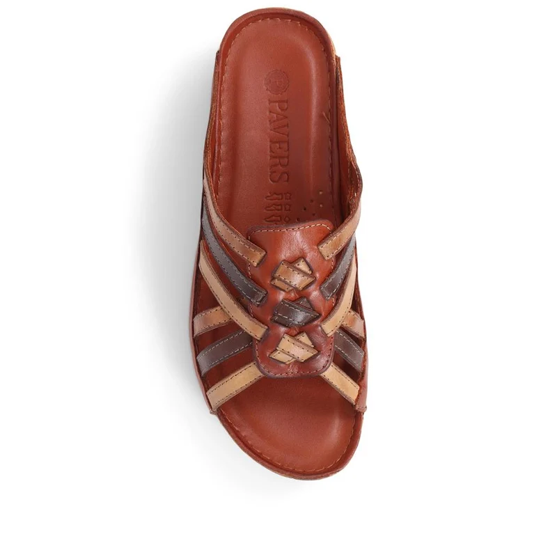 Leather Woven Wedge Mule Sandals - KARY39025 / 325 505 - Tan Multi