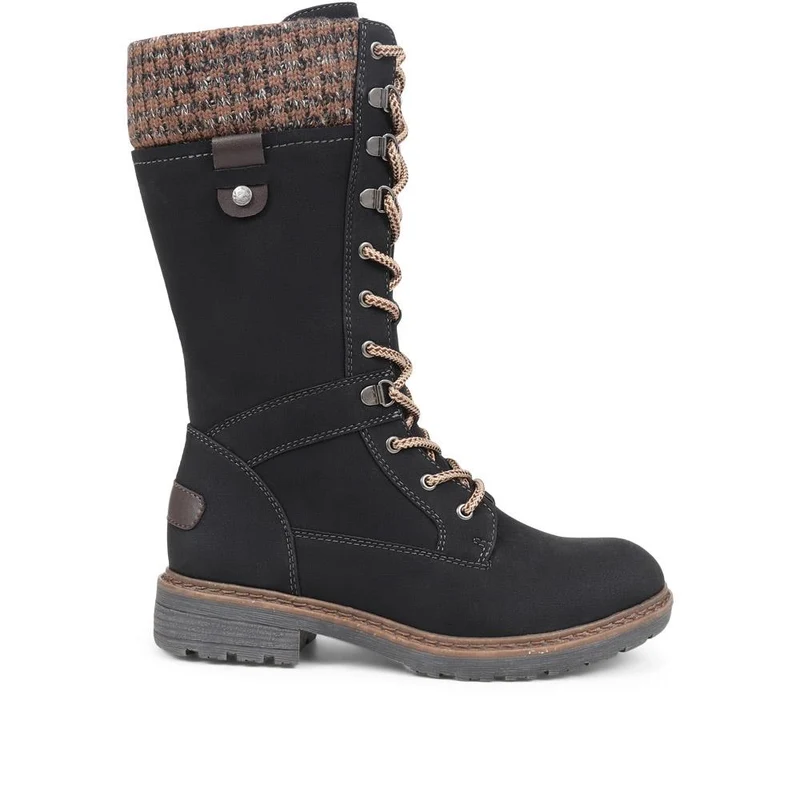 Lace-Up Knitted Cuff Calf Boots - BRK38009 / 324 531 - Black