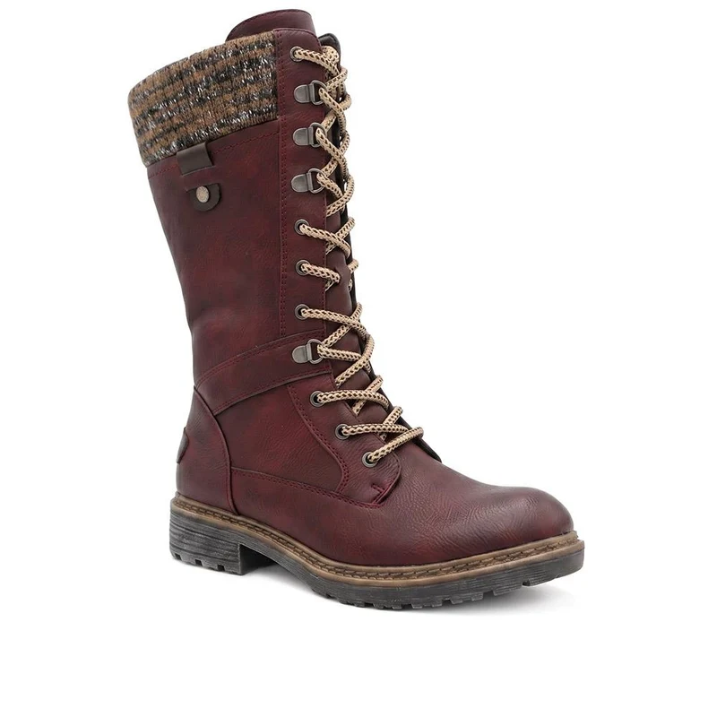 Lace-Up Knitted Cuff Calf Boots - BRK38009 / 324 531 - Burgundy