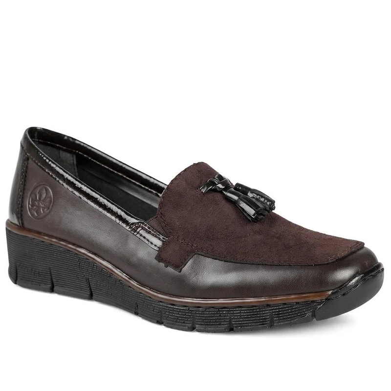 Rieker Leather Wedge Heel Tassel Loafers - RKR44519 / 329 726 - Chocolate