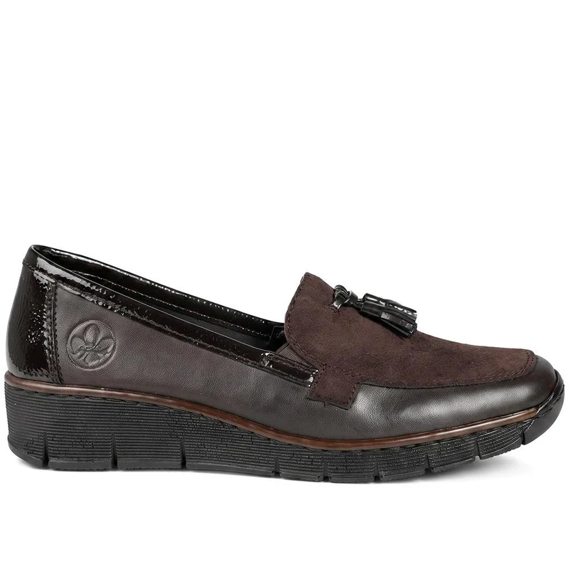 Rieker Leather Wedge Heel Tassel Loafers - RKR44519 / 329 726 - Chocolate