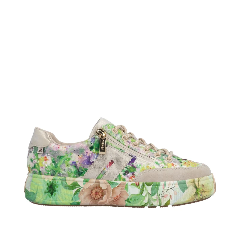 Rieker Damen-Plateau-Sneaker | Grün mit Blumenmuster