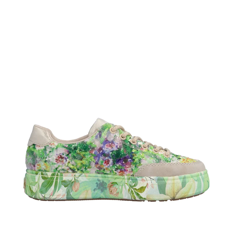Rieker Damen-Plateau-Sneaker | Grün mit Blumenmuster