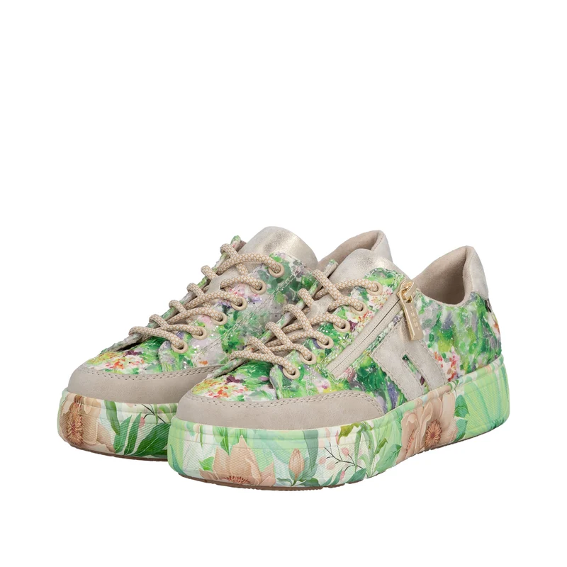 Rieker Damen-Plateau-Sneaker | Grün mit Blumenmuster