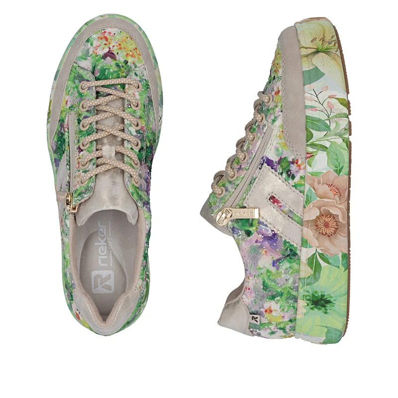 Rieker Damen-Plateau-Sneaker | Grün mit Blumenmuster
