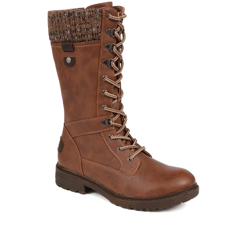 Lace-Up Knitted Cuff Calf Boots - BRK38009 / 324 531 - Tan