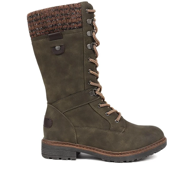 Lace-Up Knitted Cuff Calf Boots - BRK38009 / 324 531 - Khaki