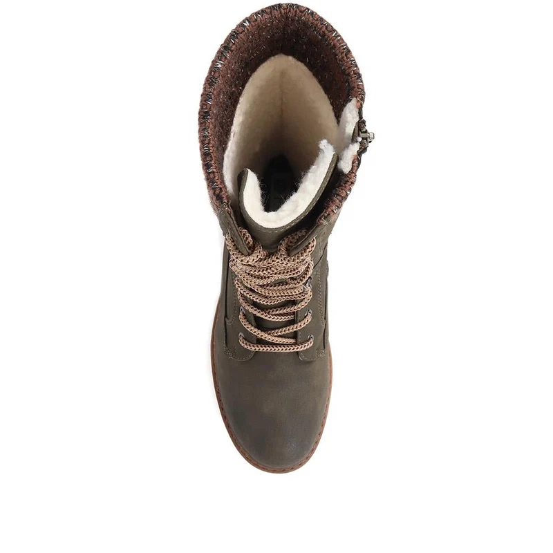 Lace-Up Knitted Cuff Calf Boots - BRK38009 / 324 531 - Khaki