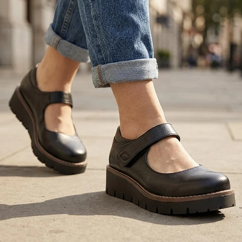 Wedge Heel Touch Fasten Mary Janes - TELOO44004 / 329 742 - Black