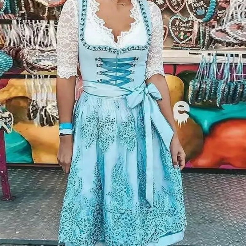 Annika | Damen Oktoberfest Dirndl Spitzen-Midi-Kleid mit Schnürung