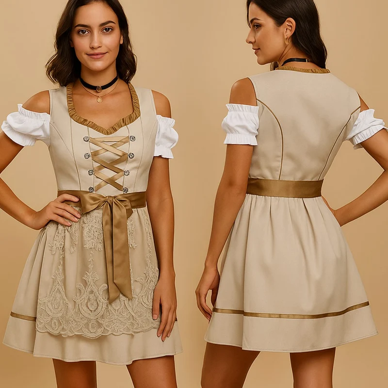 Greta | Damen Oktoberfest Dirndl Kleid mit Spitzendetails Schnürung Schleife