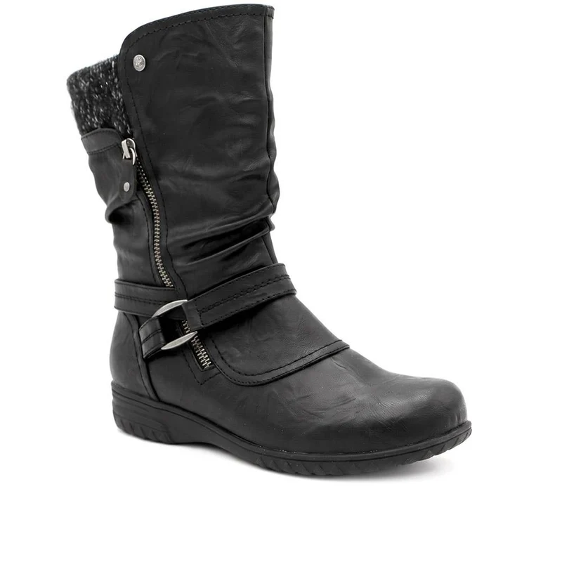 Wide Fit Knitted Cuff Zipped Slouch Boots - WBINS44079 / 329 798 - Black
