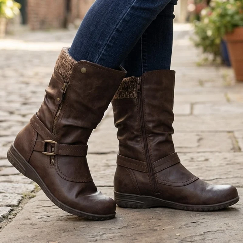 Wide Fit Knitted Cuff Zipped Slouch Boots - WBINS44079 / 329 798 - Chocolate