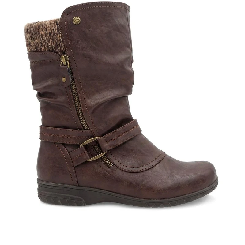 Wide Fit Knitted Cuff Zipped Slouch Boots - WBINS44079 / 329 798 - Chocolate